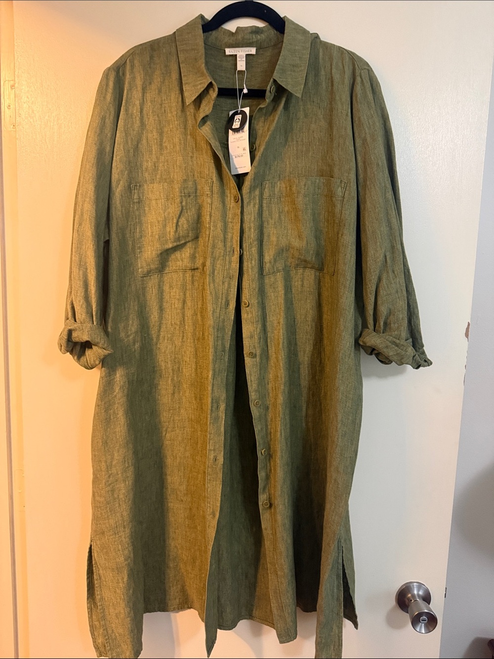 Eileen Fisher Olive Linen Button-Front Tunic Shirt
